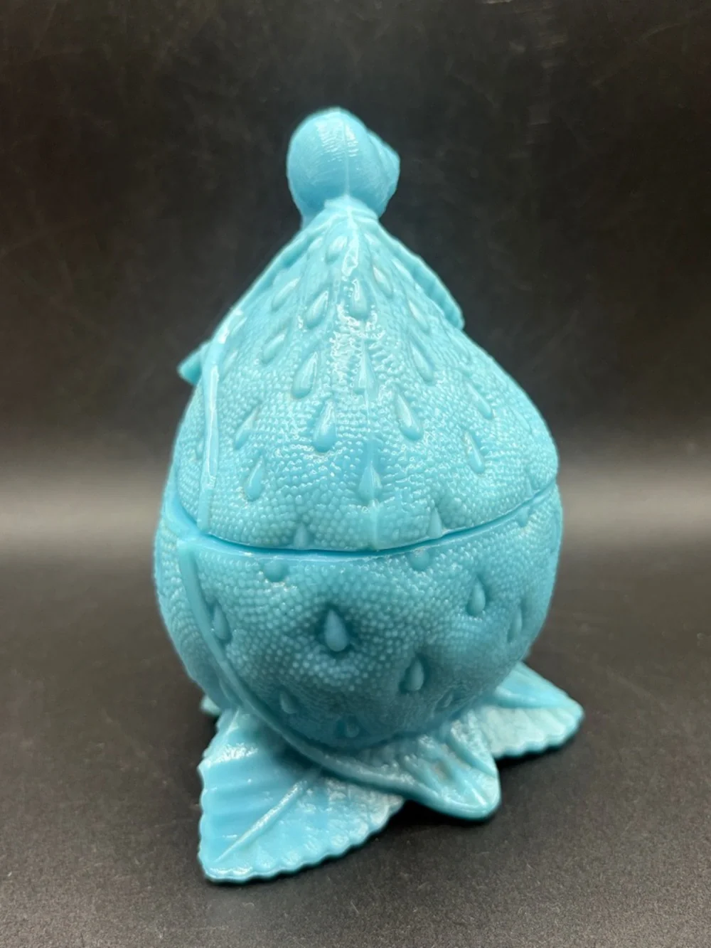Portieux Blue Milk Glass Snail on Strawberry Lidded Dish Candy Bowl Trinket Box
